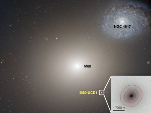 This Hubble Space telescope image shows the gargantuan galaxy M60 in the center, and the ultracompact dwarf galaxy M60-UCD1 below it and to the right, and also enlarged as an inset.