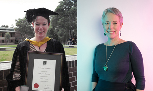 Linda Beaumont dual photo, with the left having her hold an award, and on the right, a portrait shot