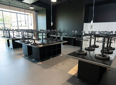 A lab with black furniture. 