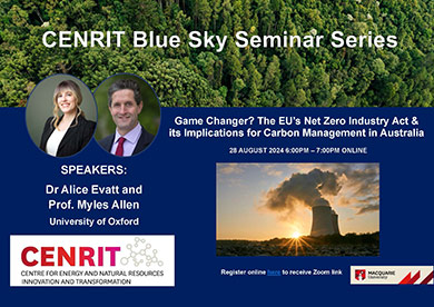 The flyer for the CENRIT event featuring speakers Dr Alice Evatt and Professor Myles Allen.