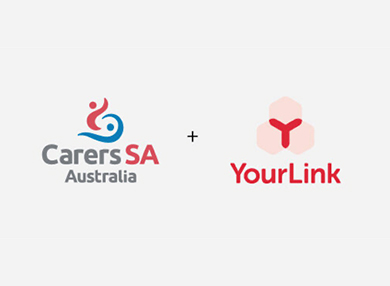 The logos for Carers South Australia and YourLink with a plus sign between them.