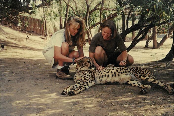 Linda Beaumont petting a leopard