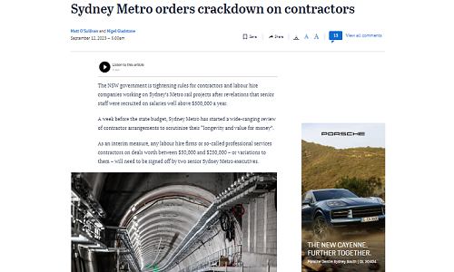 sydney metro's use of contractors in the Sydney Morning Herald