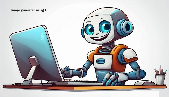 Happy robot at computer