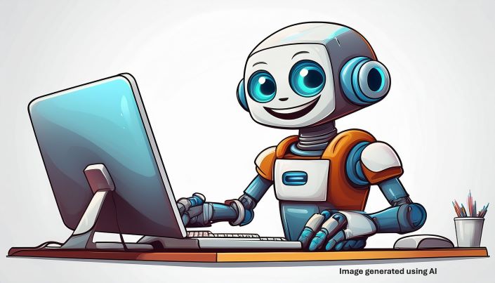 Happy robot at computer