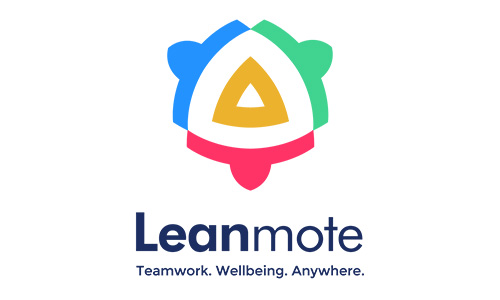 The logo for Leanmote, three stylised people seen from above, arms outstretched to form a multicoloured triangle. Next to that is written "Leanmote Revolutionising Remote Work" in a dark blue sans serif font.