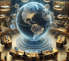 A digital artwork showing people at desks sitting around a giant hologram of a globe.