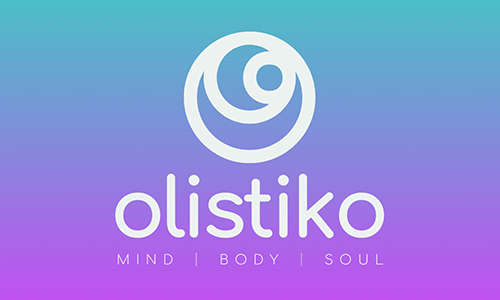 The logo for Olistiko, a circle with a spiral in it, with 