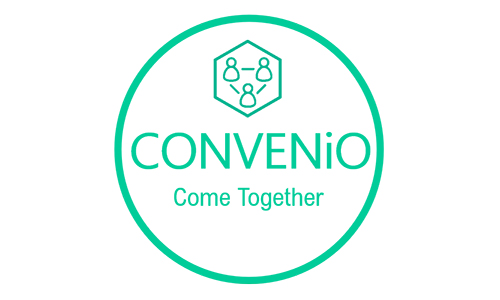The logo for CONVENiO, a hexagon containing three stylised people connected by lines above the words "CONVENiO Come Together." Everything is in a pale green and contained in a circle.