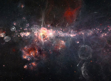 the Spitzer/WISE infrared mosaic with MeerKAT's radio data. MeerKAT data are overlaid in white.