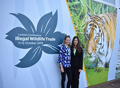 Two people standing next to the anti-wildlife trafficing poster