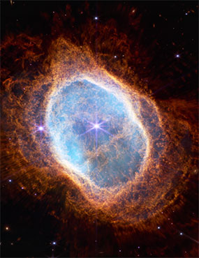 A close up view of the Southern Ring Nebula space collage from the James Webb telescope.