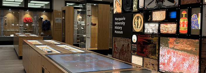 Museum gallery showing display cases and signage