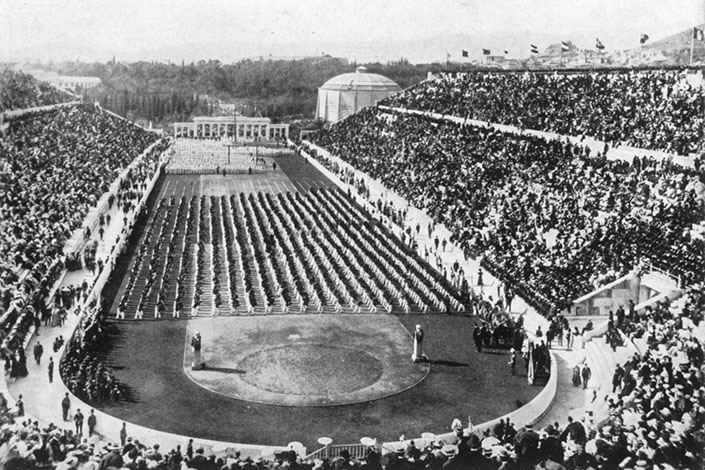 Elevated view of the Panathenaic stadium at the 1896 Athens Olympics