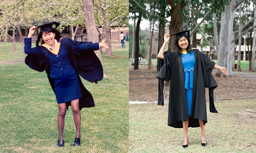 Tow photos of Kathrina Lo, one where she is young and graduating and another when she is older at the same spot